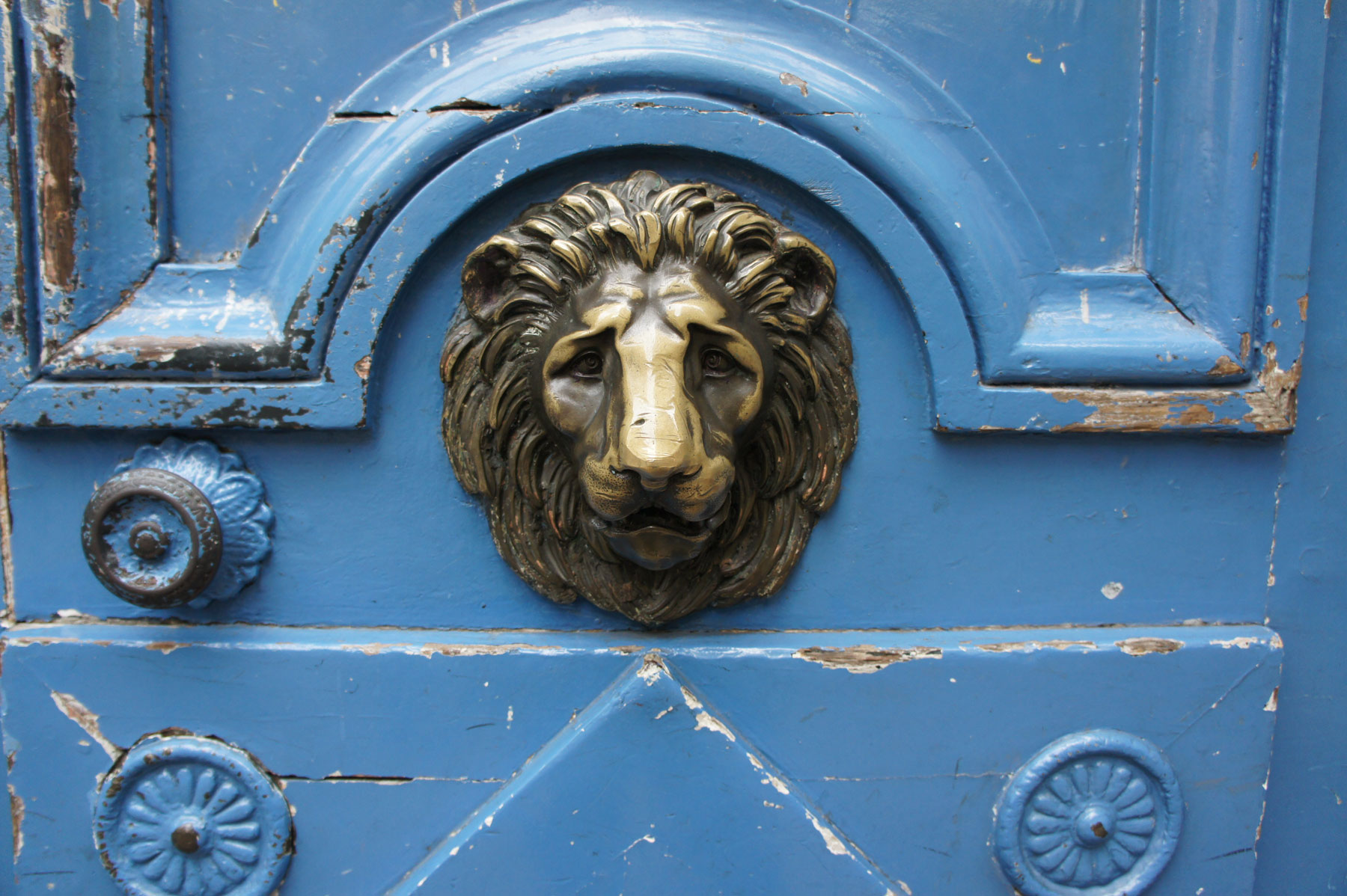 porte bleue avec une tête de lion dans Le Marais à Paris